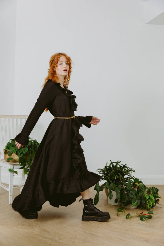 Black Maxi Dress Ruffled Linen Eco Friendly Women’s Azo Free